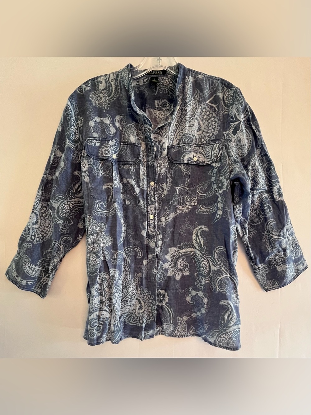 Ralph Lauren 100% Linen Blue Paisley Button Up Blouse Large